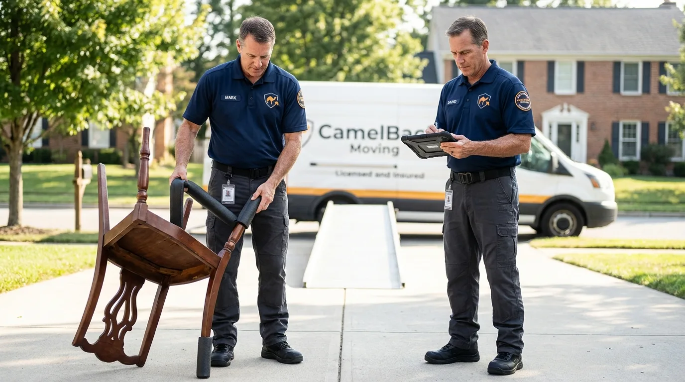 Movers inspecting furniture for damage prevention before loading in Pickens, SC